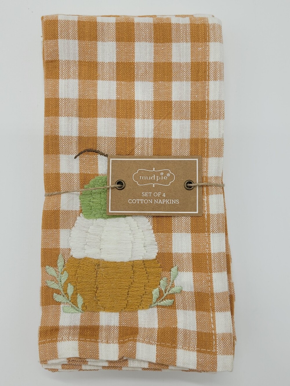 Mud Pie Napkin Set Of 4 Rust Off White Gingham Check Pumpkin Embroidery Fall NEW